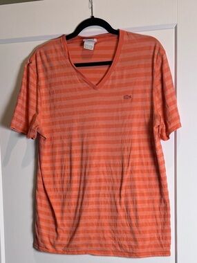 Lacoste Men's V-Neck Striped Tee Coral Orange XL 6